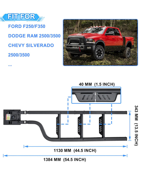 Rotatable Tailgate Ladder For Pickup Trucks, Grab-And-Go Heavy Duty 600 Lb Capacity, Easy Fold Design, Universal Fit For Most Trucks Up To 45 Inch Tailgate Height, Requires 56 Inch Wide Tailgate For Proper Closure. Black aluminum tailgate ladder, 54.5 inch long, 13.5 inch high, for Ford F250/F350 and Chevy Silverado