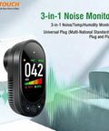 Plug In 3 In 1 Decibel Meter With Temperature And Humidity Reader, black plug-in wall sound monitor showing 42 dBA for home use