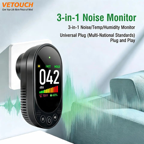 Plug In 3 In 1 Decibel Meter With Temperature And Humidity Reader, black plug-in wall sound monitor showing 42 dBA for home use