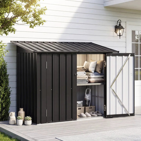 Heavy Duty 35 Cu Ft Outdoor Storage Box With Hydraulic Lift Lid And Lockable Doors All-Weather Metal Shed in patio