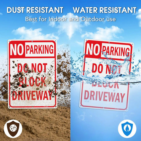 Heavy Duty No Parking And Do Not Block Driveway Sign 14X10 Inch reflective aluminum showcasing dust and water resistance.
