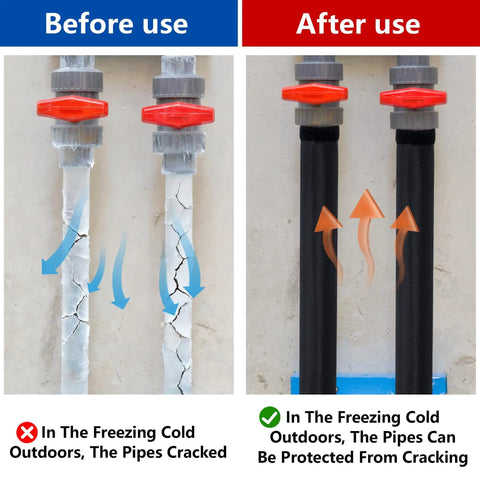 Before and after using Two Pack 3 Layer Outdoor Pipe Insulation Sleeve Cotton Tube 24 By 8 Inch 600D Water Pipe Wrap showed.