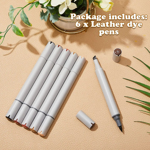 Six Pack Dual Tip Leather Dye Marker Pens For No Sweat Shoe And Furniture Scratch Fix With Dope Colors And Clean Finish For Quick Easy Restore Jobs Around The Garage, arranged on a textured surface.