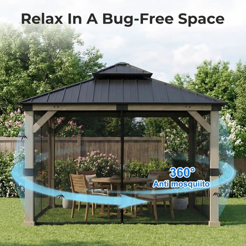 10x10 Gazebo Replacement Mesh Netting, Durable Polyester Screen With 4-Panel Sidewalls And Double Zippers, Backyard Ready Bug Barrier