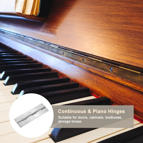 Six Inch Stainless Steel Piano Hinges Two Pack Badass Continuous Cabinet Door Hinge displayed on a piano, showing pre-drilled holes.