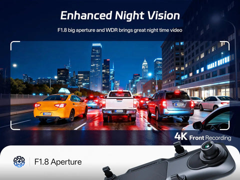 Enhanced night cityscape captured by 4K Front Dash Cam With 1080P Rear, 12-Inch Mirror Cam, showcasing ADAS night vision.