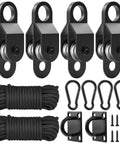 2 Pack Black Pulley Block System Ready To Rig With 4 Double Pulleys, 16 Ft One Quarter Inch Nylon Rope, 4 M6 Spring Hooks, And 2 M6 Eye Pad Plates For Gate Replacement, Farm Use, Garage Lift, And Heavy Duty Rigging: 4 pulleys, rope, hooks, and pad plates