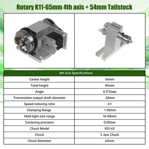 CNC Milling Machine Rotational Axis 4th Axis Kit With 65mm 3 Jaw Chuck And Nema17 Stepper Motor For CNC Engraving 54mm Tailstock 4 To 1 Reduction Belt Delay Mode High Precision Rotary Table For Machining