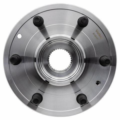 Front view of Front Wheel Bearing Hubs Assembly For 4x4 Trucks Six Lug ABS Ready Pair Fits Chevy Silverado 1500 Suburban Tahoe GMC Sierra 1500 Yukon XL Cadillac Escalade ESV XTS Replaces 515160, silver metal with bolt holes.