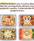 Six Pack Stainless Steel Plates For Everyday Dining 9.2 Inch By 7 Inch Dimensions with colorful food arrangements on each plate.