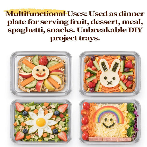 Six Pack Stainless Steel Plates For Everyday Dining 9.2 Inch By 7 Inch Dimensions with colorful food arrangements on each plate.