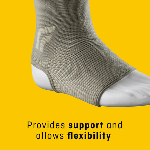 Ankle Comfort Support Sleeve With Mild Compression, 4 Way Stretch, Breathable Beige, Small Size, displayed on a mannequin foot