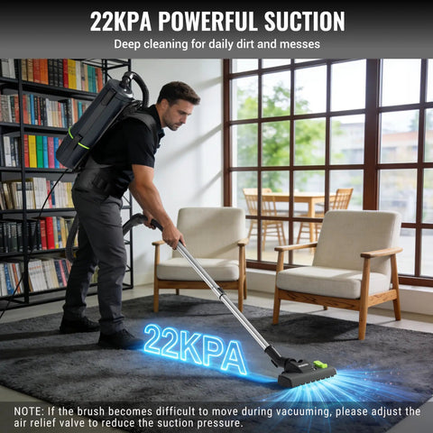 No Nonsense Commercial Grade Backpack Vacuum With Ergonomic Harness And Kickass 1200 Watt Motor For Easy Cleanups On Carpets Or Hard Floors in action.