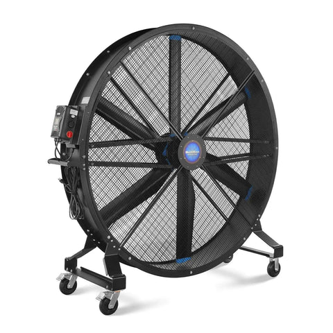 Built Heavy 79 Portable Industrial Fan Kicks Your Space Into Gear For Warehouse Gym Or Shop features rolling wheels and variable speed control.