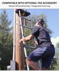 Extra Wide Step Telescoping Ladder With 16 Ft Reach And 12.5 Ft Height Aluminum Extension Ladder Type 1A 300 Lb Rated 3.375 Inch Wide Rungs One Touch Retraction And Pivoting Feet For Roofing Electrical And Inspection Jobs on utility pole