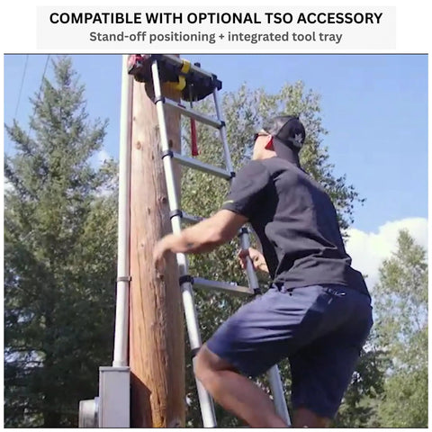 Extra Wide Step Telescoping Ladder With 16 Ft Reach And 12.5 Ft Height Aluminum Extension Ladder Type 1A 300 Lb Rated 3.375 Inch Wide Rungs One Touch Retraction And Pivoting Feet For Roofing Electrical And Inspection Jobs on utility pole