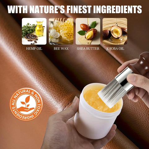Dead On Wood And Leather Repair Balm Wipe Out Scratches On Couches Cars And Boots Revive Dry Dull Spots In Record Time With Deep Conditioning Power Seamless Multi Surface Furniture Rescue Tin 8 Oz, showing ingredients like hemp oil and bee wax.