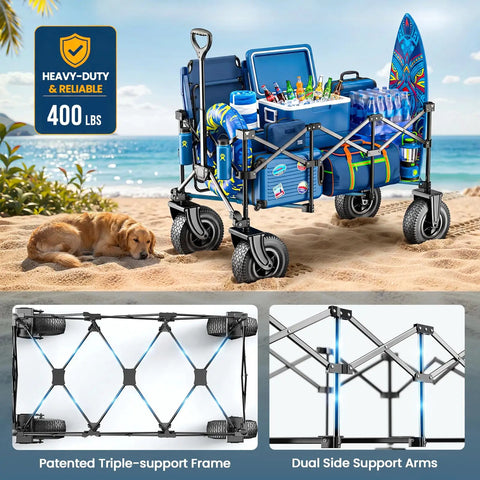 All Terrain Beach Wagon With 10 Inch Inflatable Rubber Wheels For Sand And All Terrain, loaded with beach gear on sand