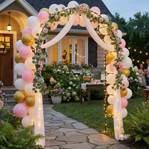 Balloon-decorated garden arch at outdoor event with flowers, pathway, and house backdrop; balloons in pink, white, and gold.
