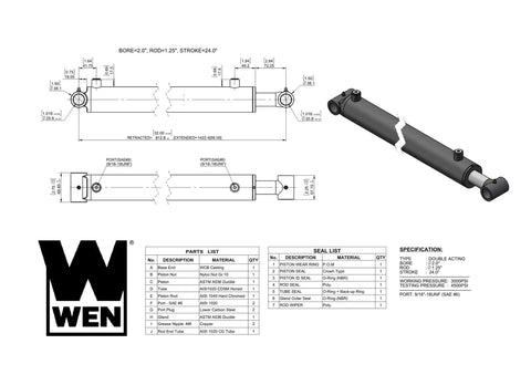 Cross Tube Hydraulic Cylinder 2 Inch Bore 24 Inch Stroke Double Acting Steel Welded Construction 3000 PSI SAE 6 Port Rod Diameter One And A Quarter Inch Retracts To 32 Inch Extends To 56 Inch WT 2024