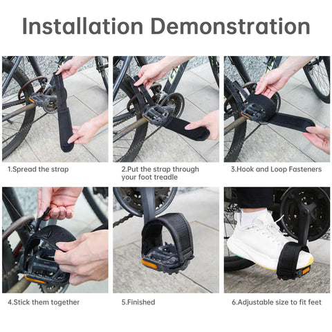 Installation steps for One Pair Velcro Bike Straps For Pedals, Nylon Foot Binding Straps, showcasing easy attachment process.