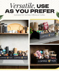 Image of All In One Coffee Station Organizer For Your Coffee Bar Setup And Tea Storage, Adjustable Compartments, Solid Pine Wood Construction on a countertop with coffee and tea supplies.