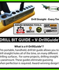 Heavy Duty US Made Steel Precision Drill Guide Keeping Holes Straight As An Arrow For 3 To 9.5 Millimeter Metric Sizes, shown with drill bit.