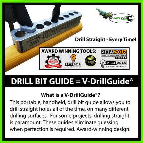 Heavy Duty US Made Steel Precision Drill Guide Keeping Holes Straight As An Arrow For 3 To 9.5 Millimeter Metric Sizes, shown with drill bit.
