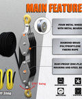 Diagram showing Rope Hoist Pulley System 4400 Lb Pulley Block And Tackle with details like metal wheels and polypropylene rope.
