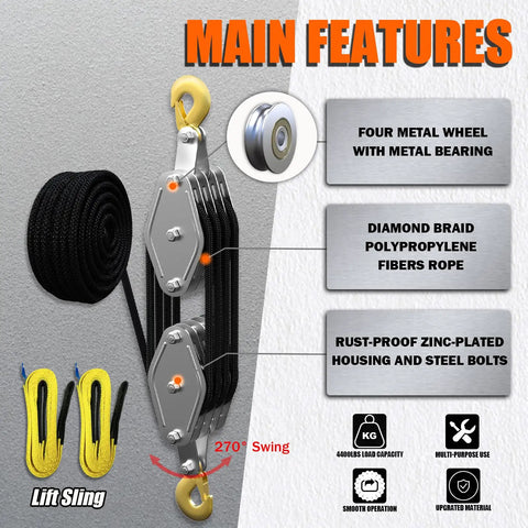 Diagram showing Rope Hoist Pulley System 4400 Lb Pulley Block And Tackle with details like metal wheels and polypropylene rope.