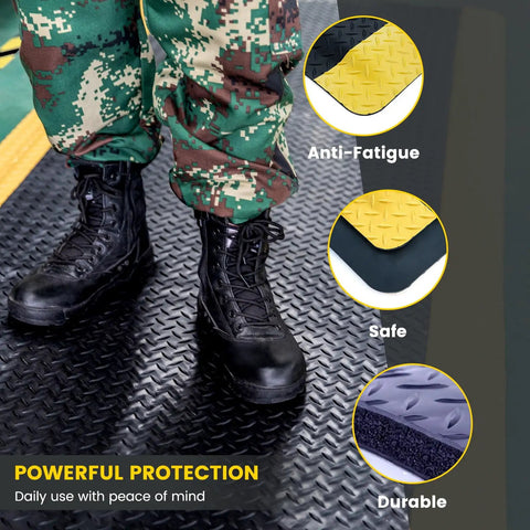 Close-up of ESD Anti Fatigue Conductive Floor Mat Three By Twelve Foot Heavy Duty Diamond Plate With Soft Cushioned Sponge Non Slip Waterproof Ergonomic Floor Pad Thick Three Quarters Inch Black With Yellow Safety Border For Commercial And Industrial Use, showing anti-fatigue and durable features.