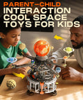 Child and adult building MOCBURIKU Solar System Building Set For Kids STEM Toys With Rotatable Handle And Mechanical Gears Space Hands On Learning Kit For Home And School Gift For Boys And Girls Ages 6 To 12 1282 Pcs on table.