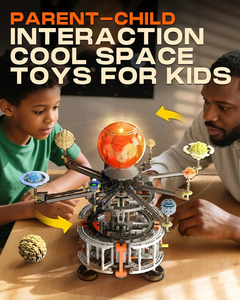 Child and adult building MOCBURIKU Solar System Building Set For Kids STEM Toys With Rotatable Handle And Mechanical Gears Space Hands On Learning Kit For Home And School Gift For Boys And Girls Ages 6 To 12 1282 Pcs on table.