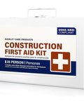 Front view of white metal construction first aid kit with OSHA/ANSI compliant label and 125-person capacity
