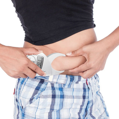 Portable Skinfold Caliper With LCD Screen For Easy Body Fat Measurement, Handheld Fitness Tool used on abdomen area.