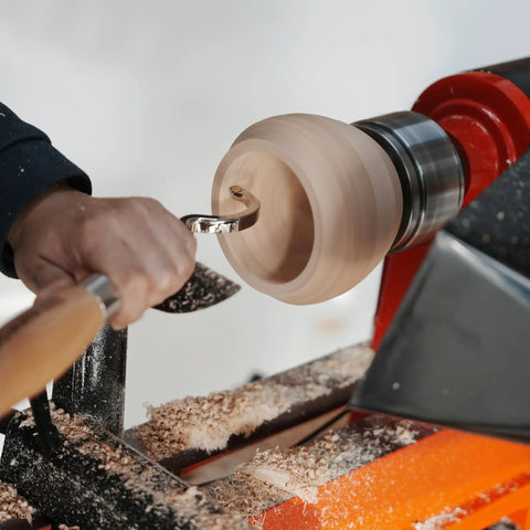 Hollowing Tool For Woodturning With Carbide Tipped Round Blade Large Curved Cutter Beech Handle in use for woodturning
