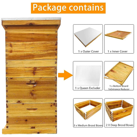 Five Layer Langstroth Beehive Starter Kit dipped in 100 percent beeswax with deep and medium boxes package contents