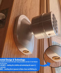 Easy DIY Electronic Keypad Door Knob Lock Set With Backup Mechanical Key installed on wooden door, close-up view.