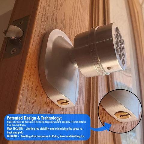 Easy DIY Electronic Keypad Door Knob Lock Set With Backup Mechanical Key installed on wooden door, close-up view.