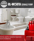 Rugged Half Horsepower 115V Cast Iron Sewage Pump With 5600 GPH Flow in a basement bathroom installation setting