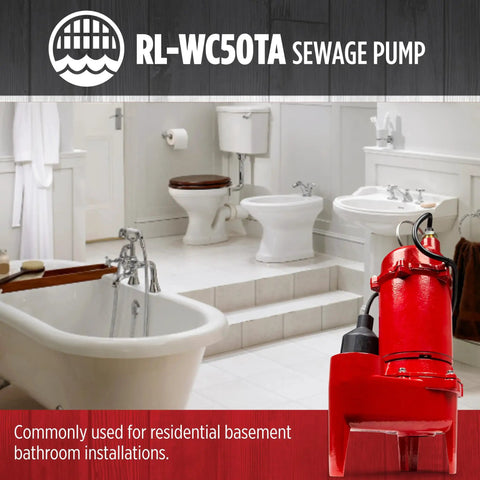 Rugged Half Horsepower 115V Cast Iron Sewage Pump With 5600 GPH Flow in a basement bathroom installation setting