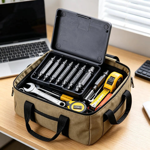 Get The Ultimate Titanium Screw Extractor Kit With Six Pieces For Easy Removal Of Stripped Rusty Bolts And Damaged Screws Made From HSS 4341 Steel For Heavy Duty Home Repairs That Just Work Like Magic On All Your Broken Hardware Projects. six-piece HSS 4341 steel extractor kit in open carry case