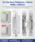 Hidden Door Hinges Set 6 By 2.5 By 1 Inch Concealed Zinc Alloy Hinges Silent Invisible 3 Way Adjustable With 180 Degree Swing Heavy Duty Butt Hinge Pack Of 2 For Doors Over 35mm Thick, showing hinge dimensions and installation guide.