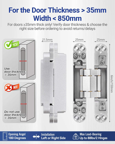 Hidden Door Hinges Set 6 By 2.5 By 1 Inch Concealed Zinc Alloy Hinges Silent Invisible 3 Way Adjustable With 180 Degree Swing Heavy Duty Butt Hinge Pack Of 2 For Doors Over 35mm Thick, showing hinge dimensions and installation guide.