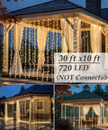 Outdoor LED Curtain Lights 30 Ft by 10 Ft With 720 LEDs, Plug In Hanging String Lights For Indoor And Outdoor Vibe, displayed on gazebo