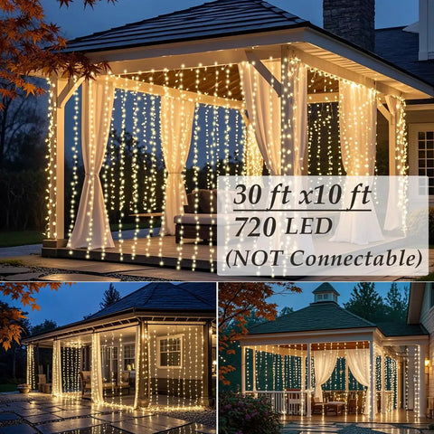 Outdoor LED Curtain Lights 30 Ft by 10 Ft With 720 LEDs, Plug In Hanging String Lights For Indoor And Outdoor Vibe, displayed on gazebo