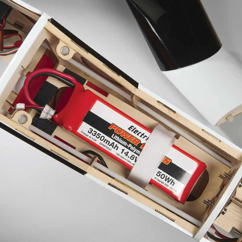 Battery compartment of Avistar Elite 46-Size Almost Ready To Fly Advanced RC Trainer Airplane for confident flight.