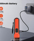 Flat USB C Rechargeable LED Flashlight with 6 Modes ultra bright design charging next to USB wall adapter