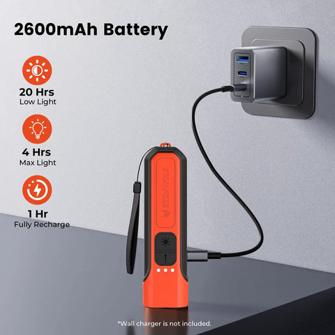 Flat USB C Rechargeable LED Flashlight with 6 Modes ultra bright design charging next to USB wall adapter