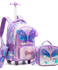Children's butterfly rolling backpack with lunch bag and pencil case, 3D butterfly design, purple color, lightweight and durable set.